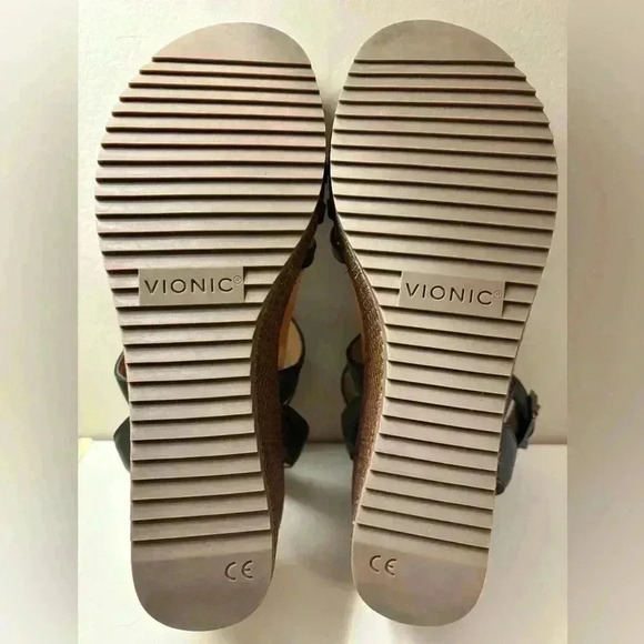 Vionic Clarisa Raffia Wedge Sandals Concealed Ortho Size 9 Black Leather - Picture 10 of 11